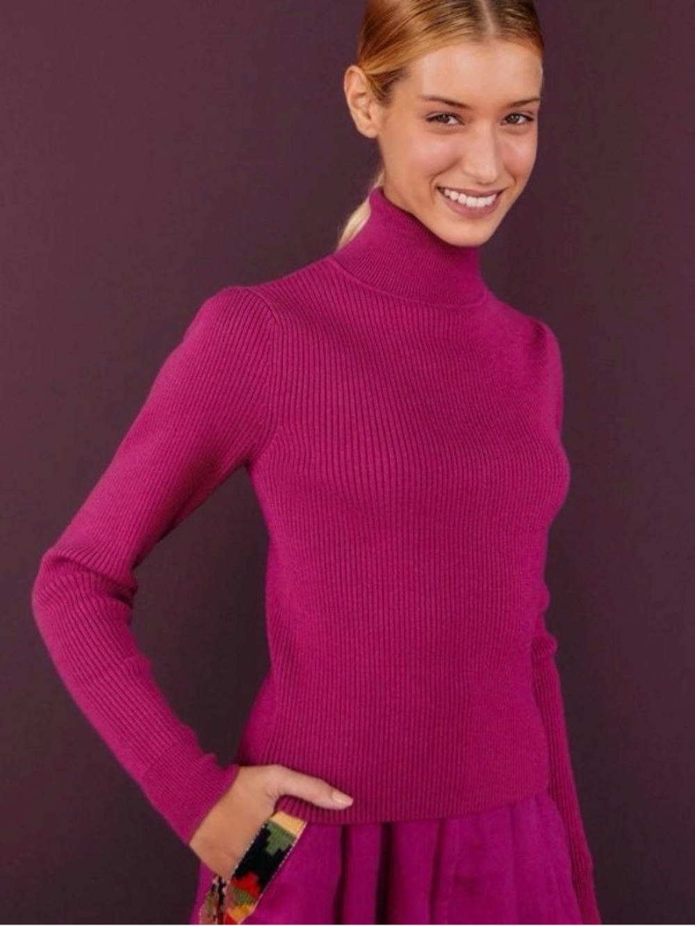 FARM Rio Fuchsia Pink Ribbed Knit Turtleneck Sweater Small Cottagecore Chic